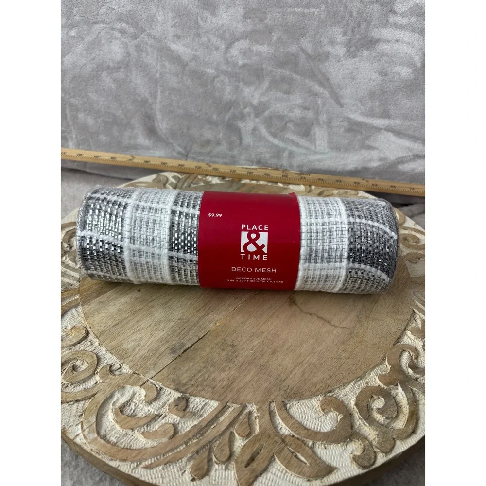 Place & Time Deco Mesh Silver White Black Plaid 10in x 30ft Holiday Ribbon NEW